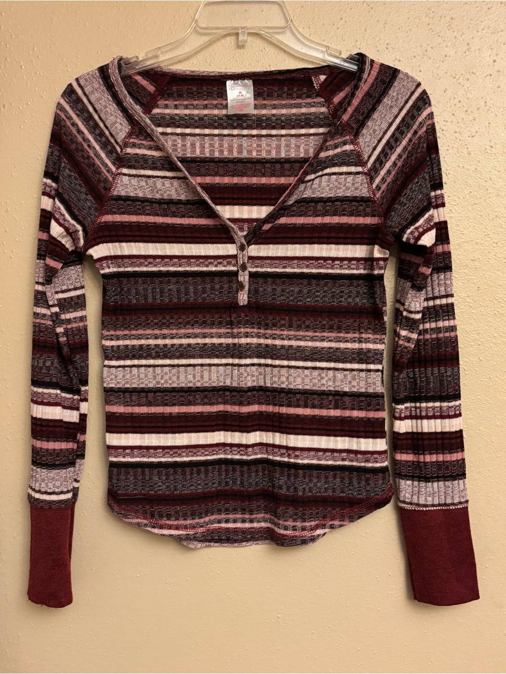 Striped Henley Long-Sleeve Top - Burgundy Pink